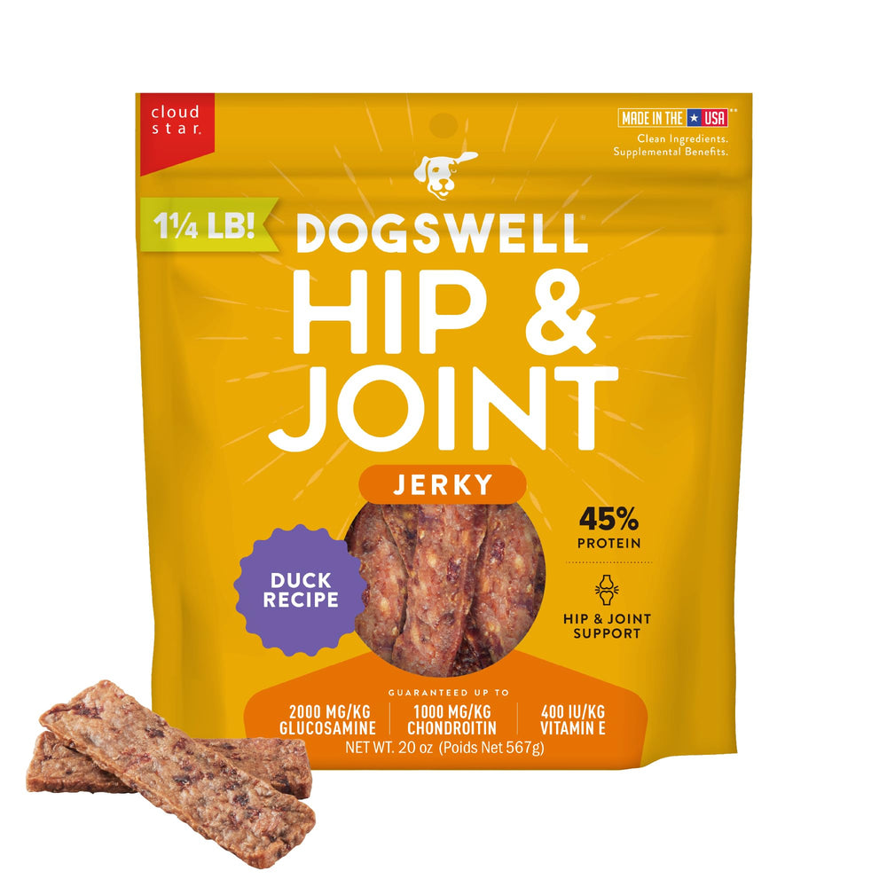 Dogswell hip and joint duck treats in a 20 oz pouch for daily snacking.