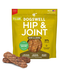 Dogswell Hip & Joint Grillers bag front—smoky aroma and high-protein formula for dogs