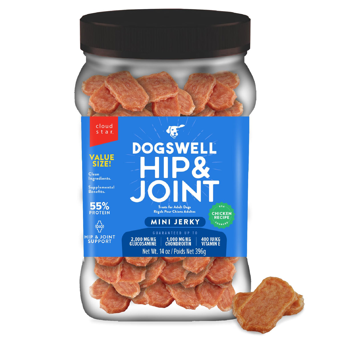 Dogswell hip and joint mini jerky jar shows mobility support for dogs.