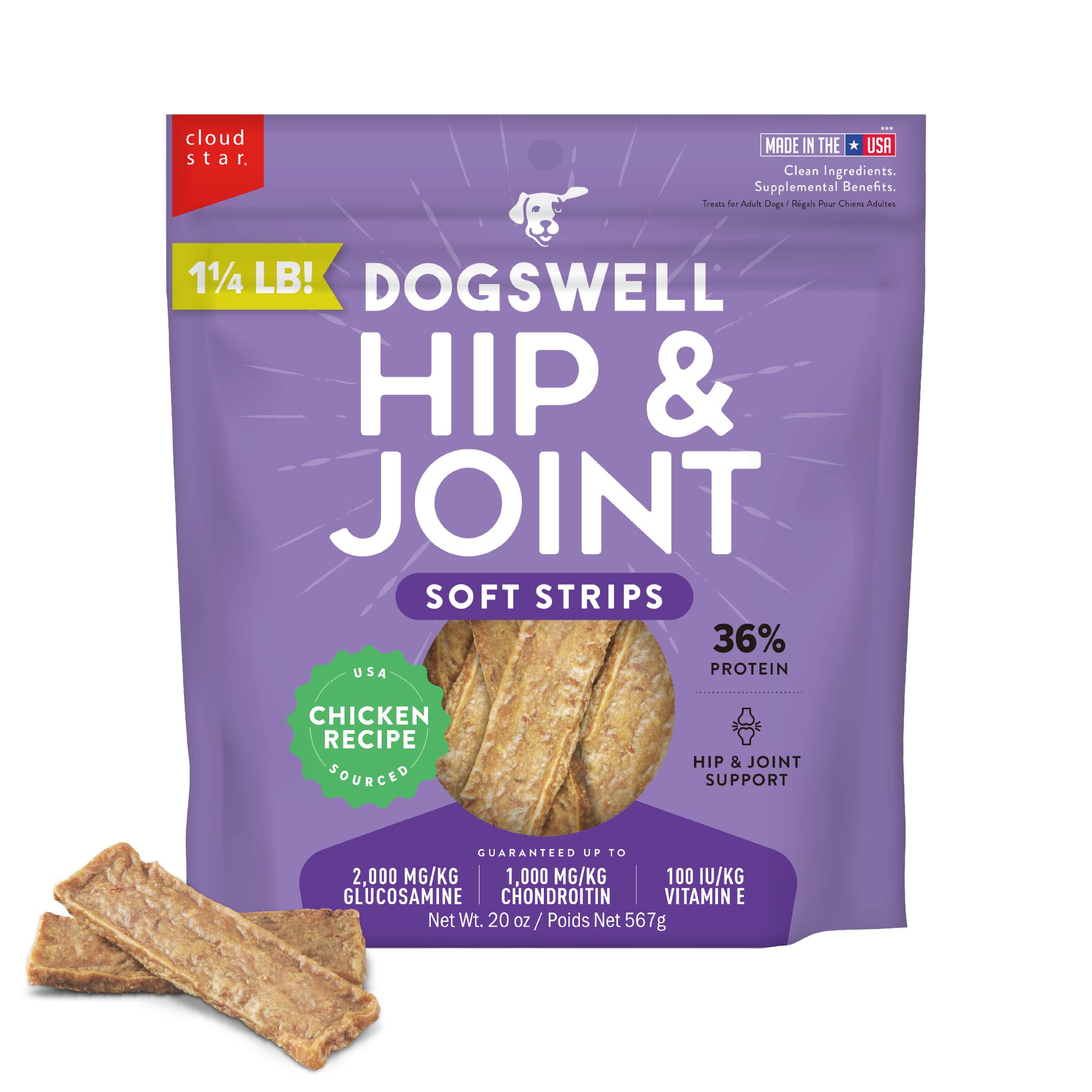 Dogswell hip joint soft strips in a 20 oz pouch support active dogs.