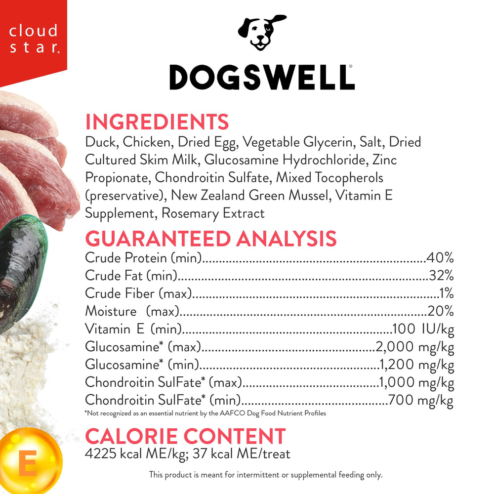 Dogswell Hip & Joint Soft Strips duck close-up, tasty protein reward