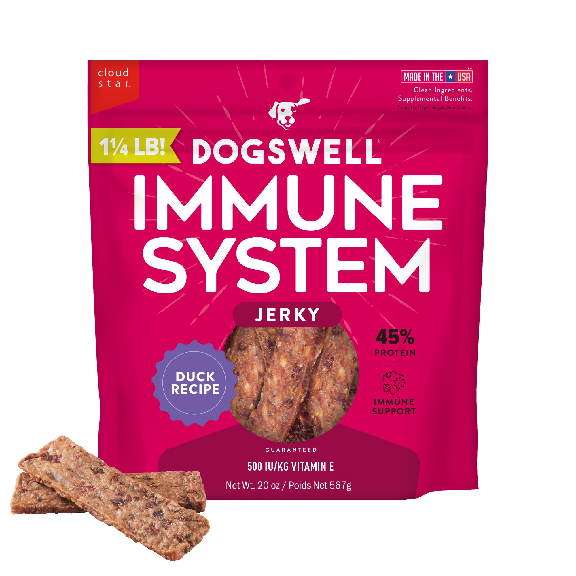 Dogswell Immune Jerky Duck 20oz pouch front with high-protein duck.