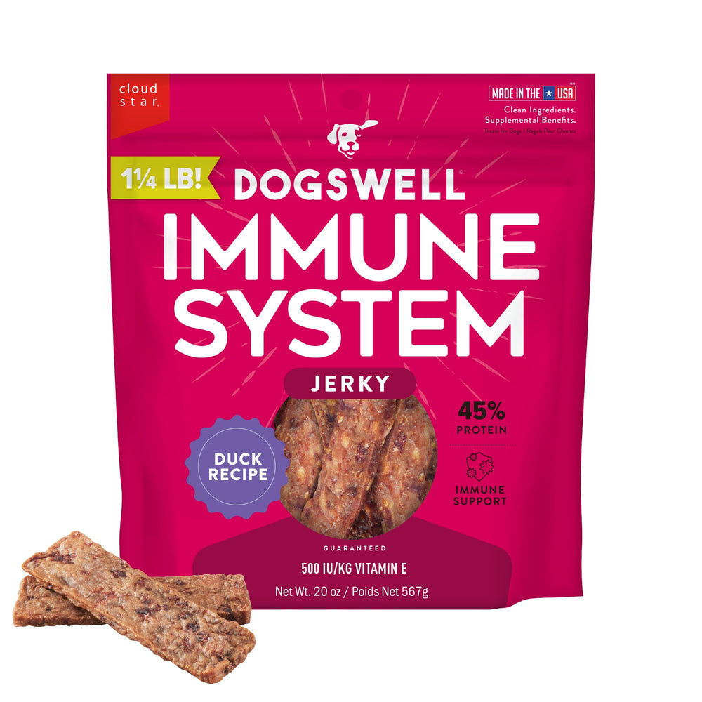 Dogswell Immune Jerky Duck 20oz pouch front with high-protein duck.
