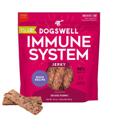 Dogswell Immune Jerky Duck 20oz pouch front with high-protein duck.