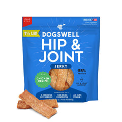 Dogswell hip joint chicken packaging highlights USA-made, protein-rich treats.