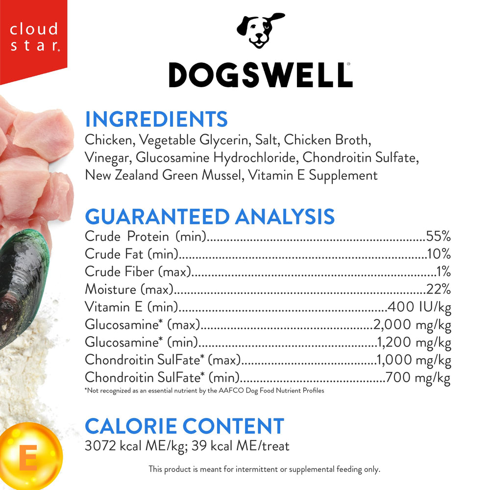 Dogswell jerky hip joint chicken-treat closeup emphasizes chewy texture for rewards.