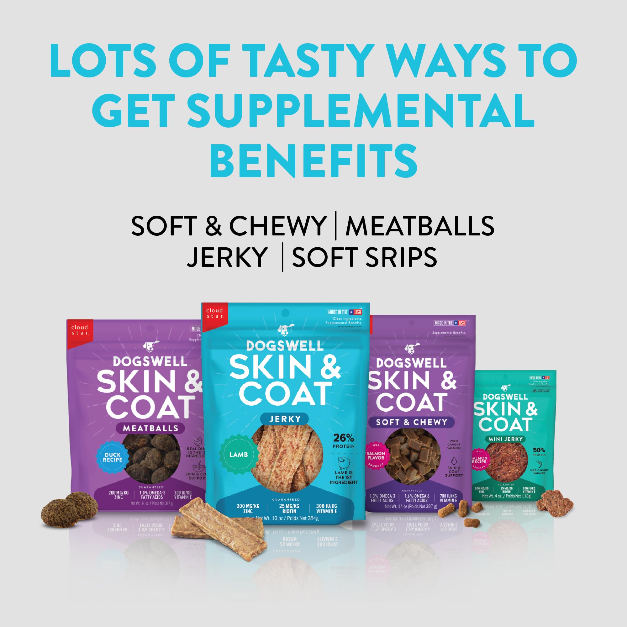Dogswell Omega Fatty Acids Jerky: supports coat vitality with omega fats.