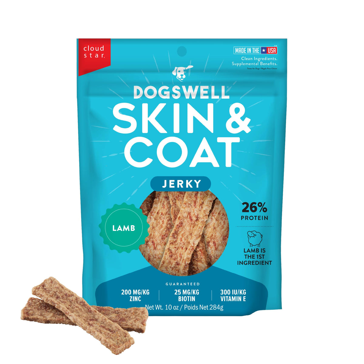 Dogswell Skin and Coat Lamb Jerky: premium protein supports a healthy coat.