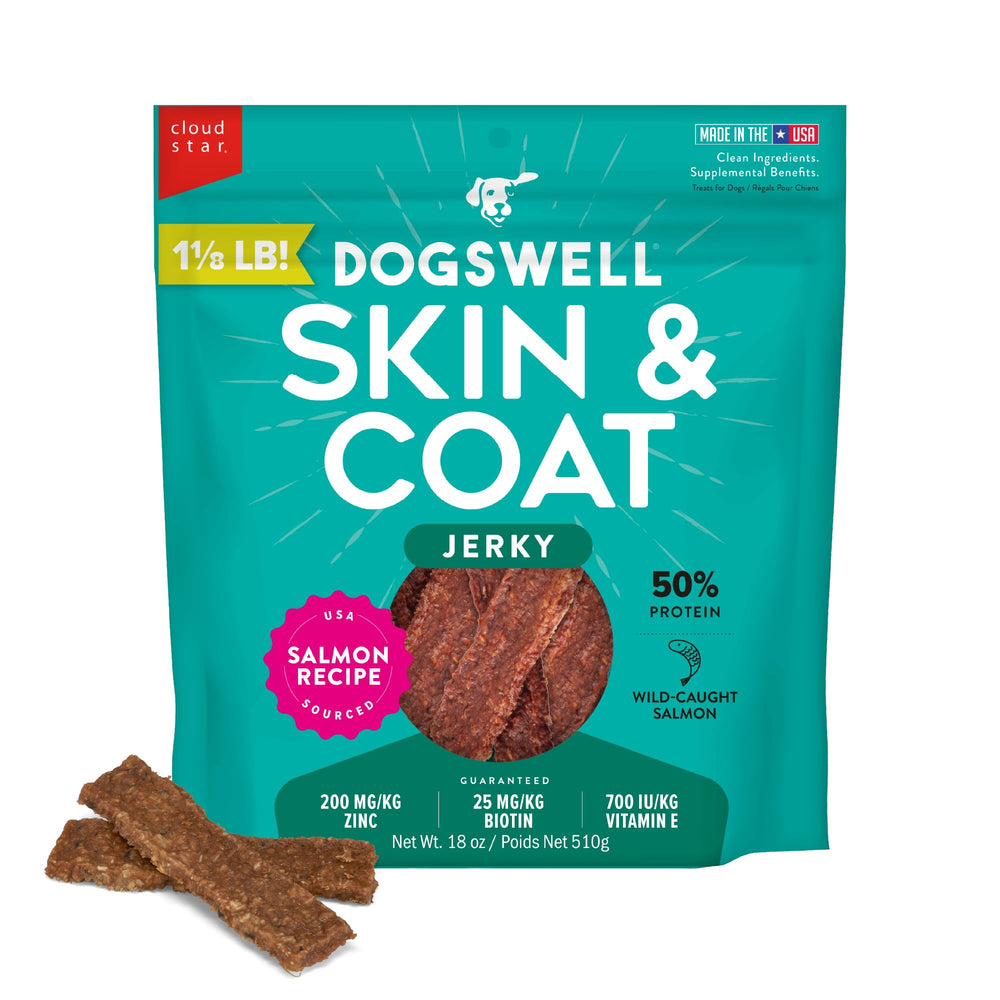 Dogswell Skin & Coat Salmon Jerky bag with an 18oz pouch for easy daily treats.