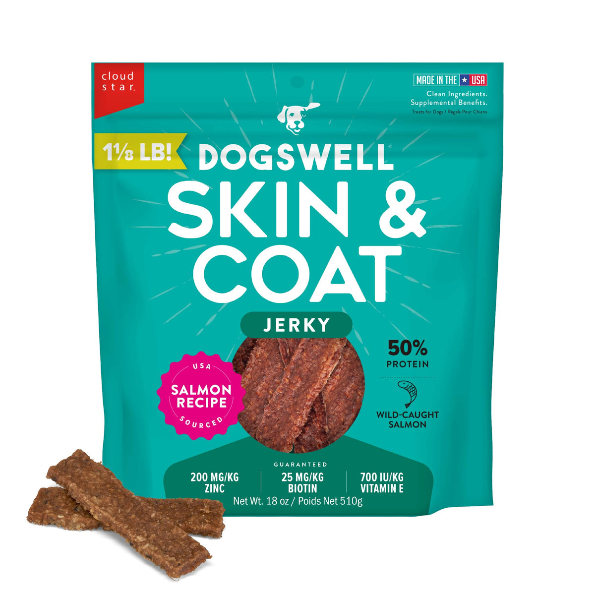 Dogswell Skin & Coat Salmon Jerky bag with an 18oz pouch for easy daily treats.