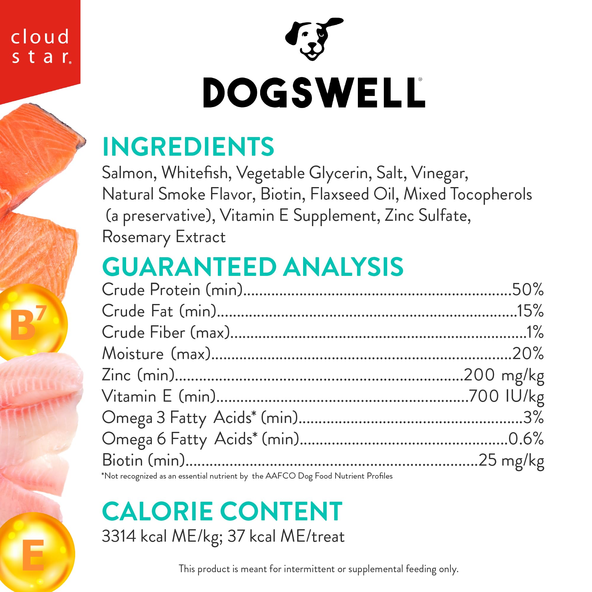 Dogswell wild-caught salmon first ingredient emphasizes protein-rich treat.