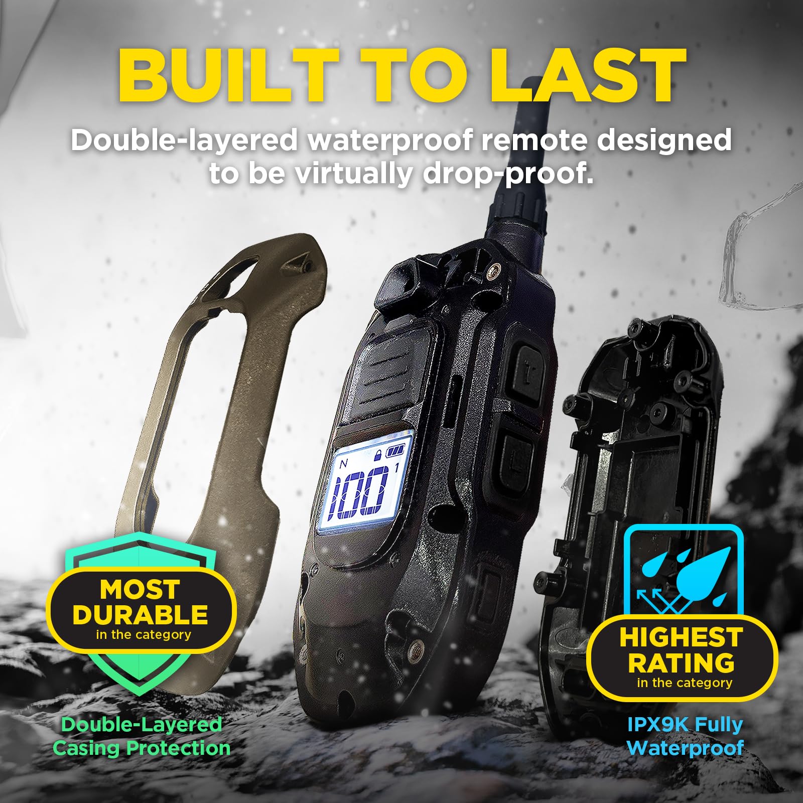 Dogtra 1900X waterproof IPX9K collar stands up to rain and mud.