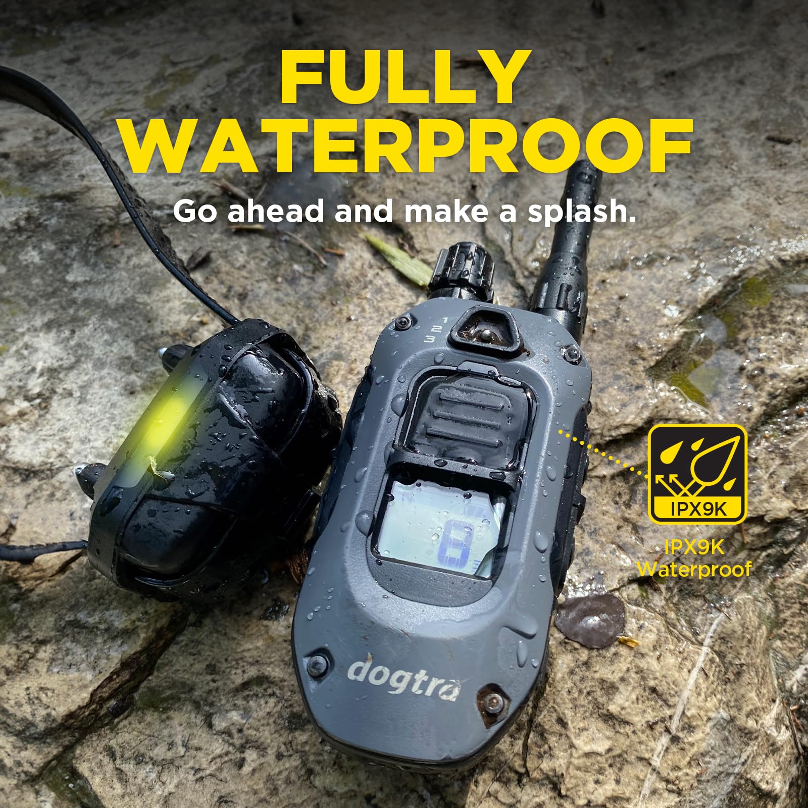 Dogtra 280X 1000-lux LED light improves night visibility for safety.