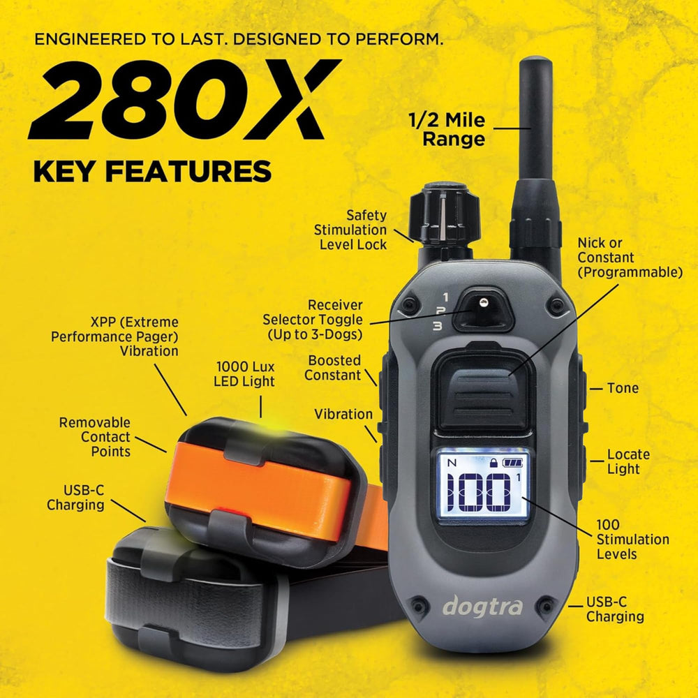 Dogtra 280X rugged build suitable for outdoor adventures with two dogs.