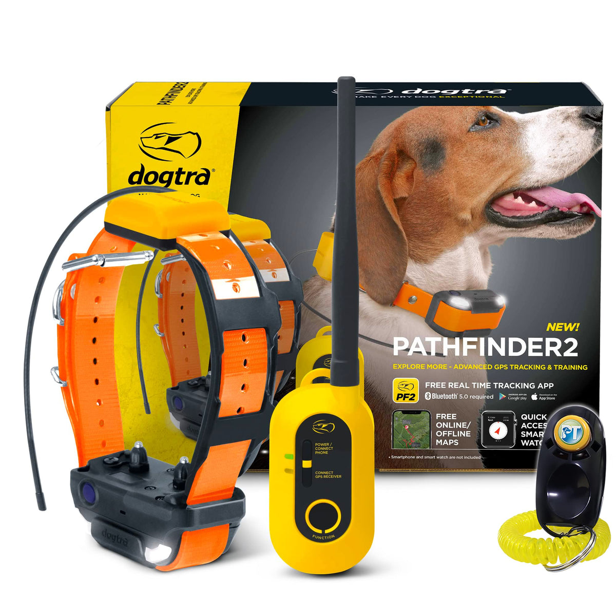 Dogtra Pathfinder 2 remote button in action for quick stimulation control.