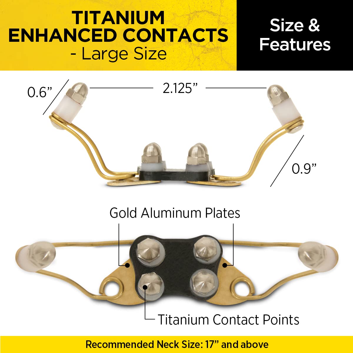 Dogtra Titanium Contacts Large on a dog's neck illustrates fit for necks 17 inches and up.