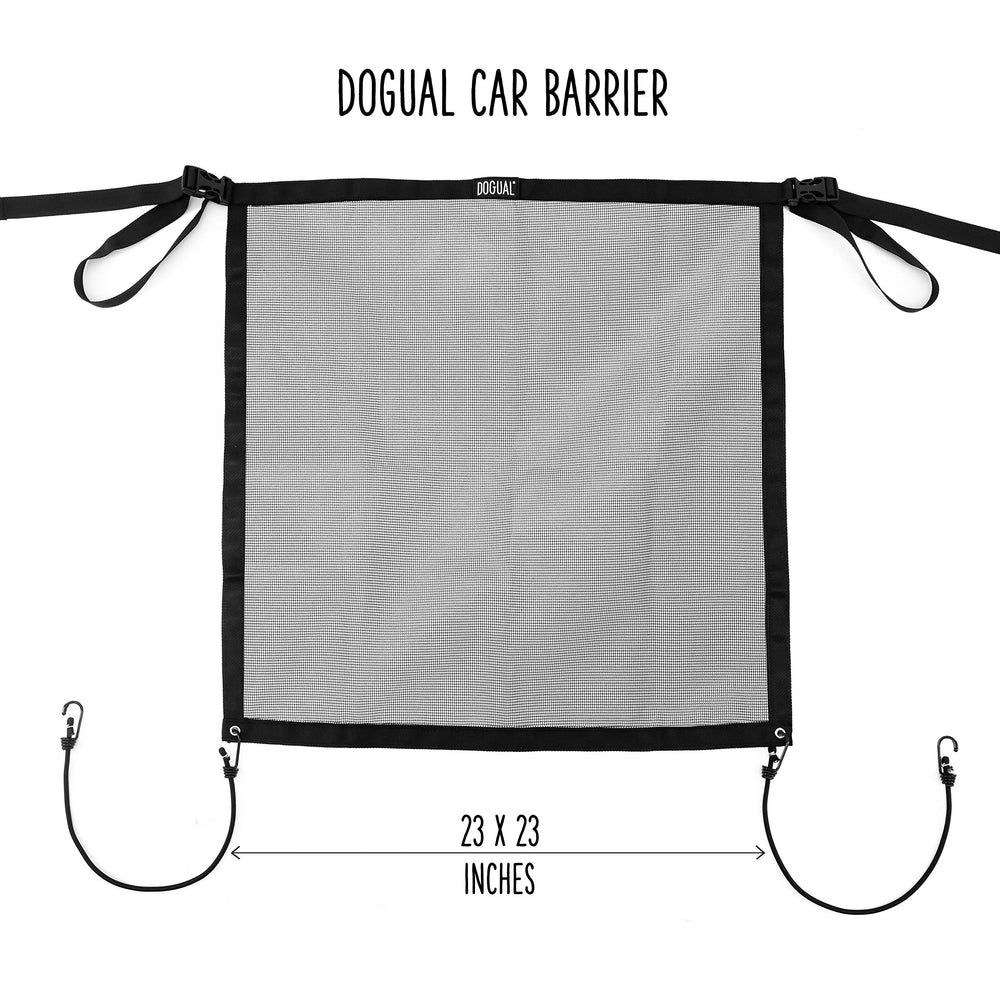 Flexible bungee cords securing the barrier under the seat allowing seat movement.