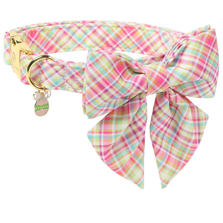 DOGWONG Easer collar with sailor bow in colorful plaid for everyday style.