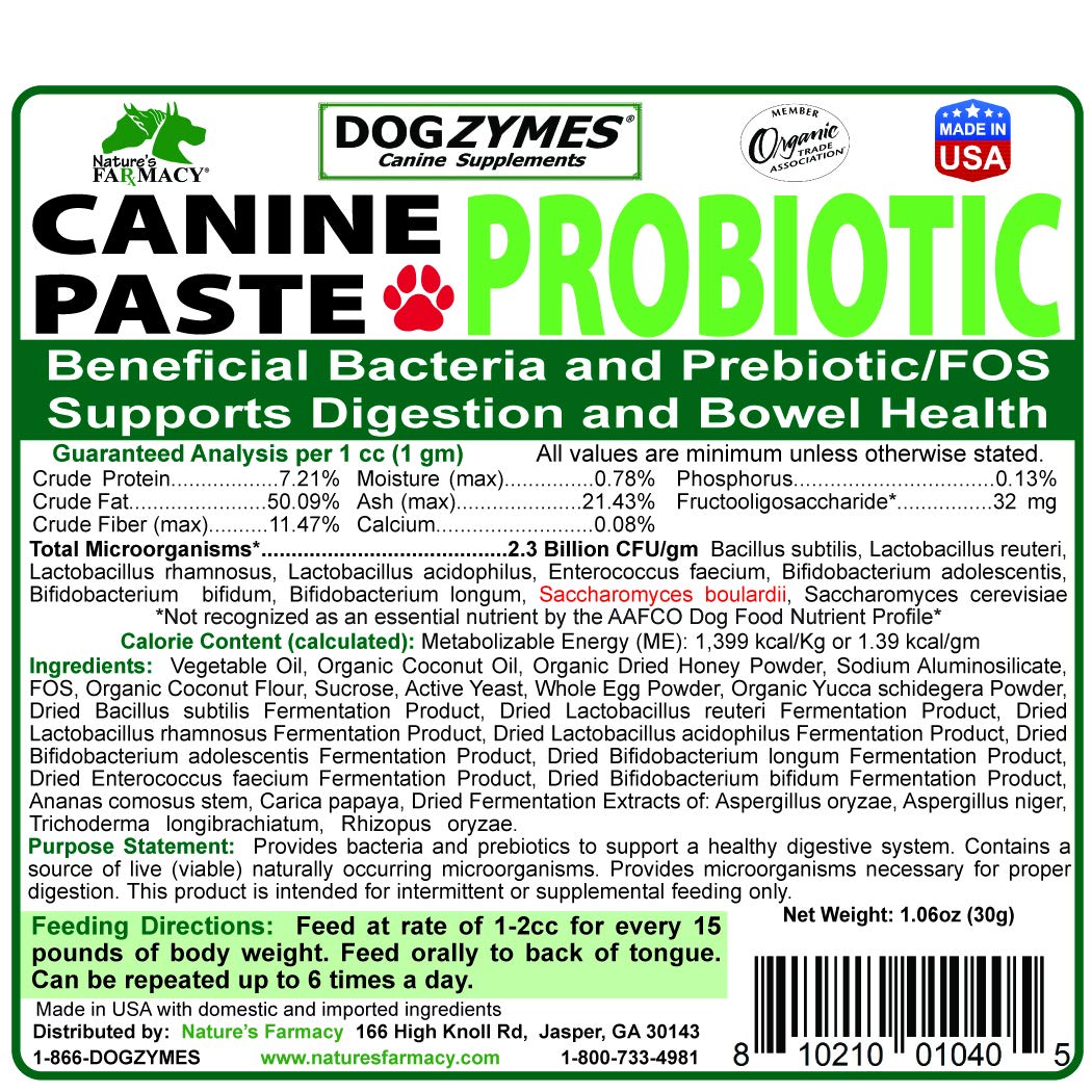 Dogzymes label close-up showing organic ingredients for digestion support.