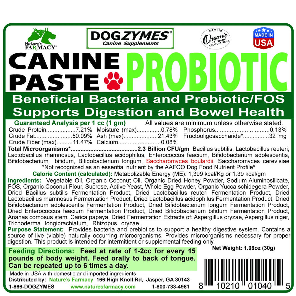 Dogzymes label close-up showing organic ingredients for digestion support.