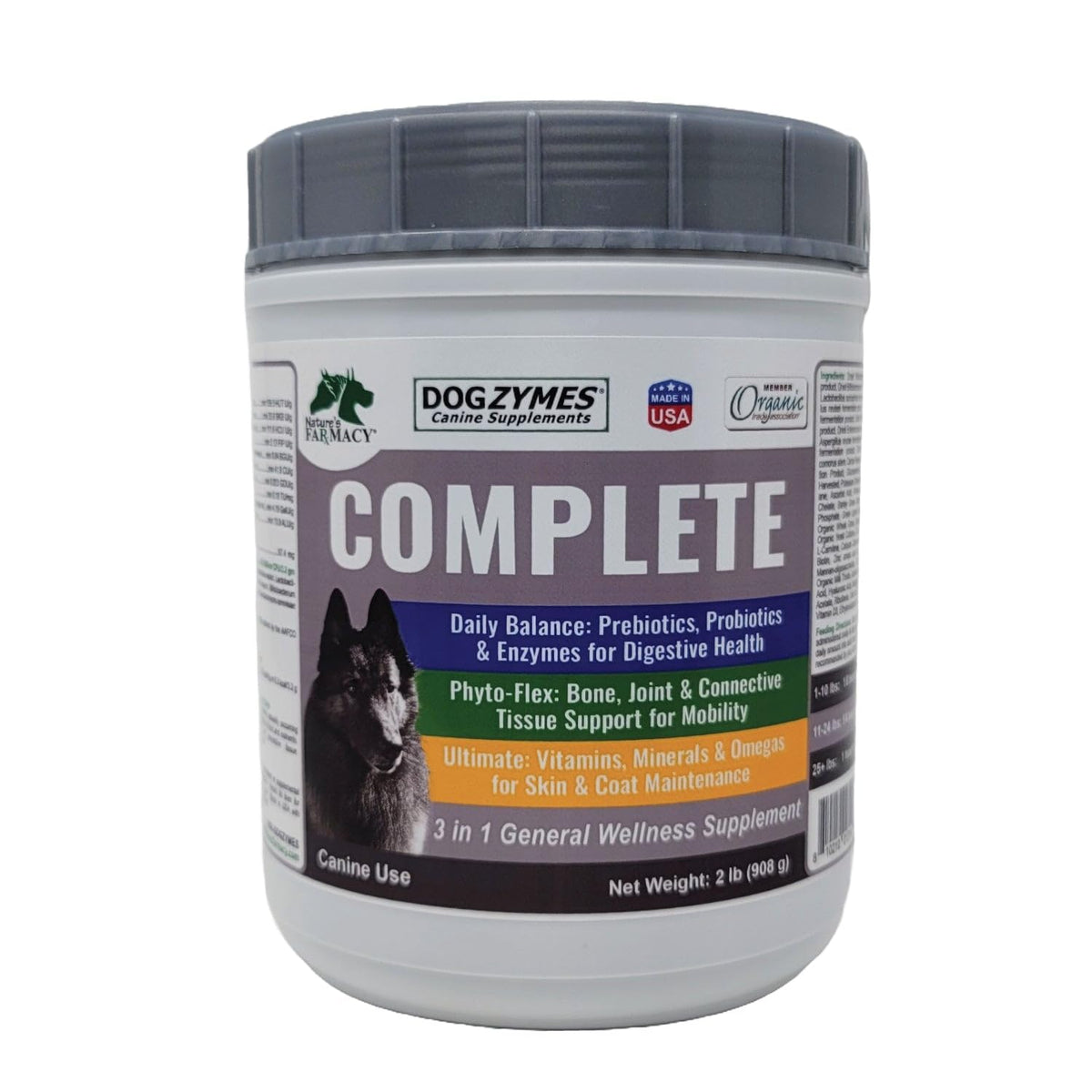 Dogzymes Complete bottle front image showing an all-in-one dog supplement for joints and digestion