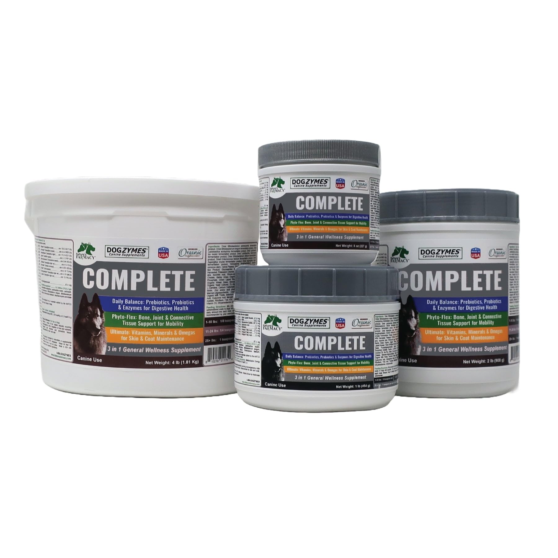 Dogzymes Complete bottle pour shows easy daily dosing for skin health.