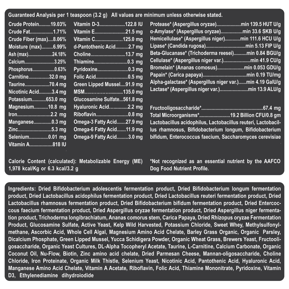 Dogzymes Complete digestive benefits graphic emphasizes probiotics and enzymes for digestion