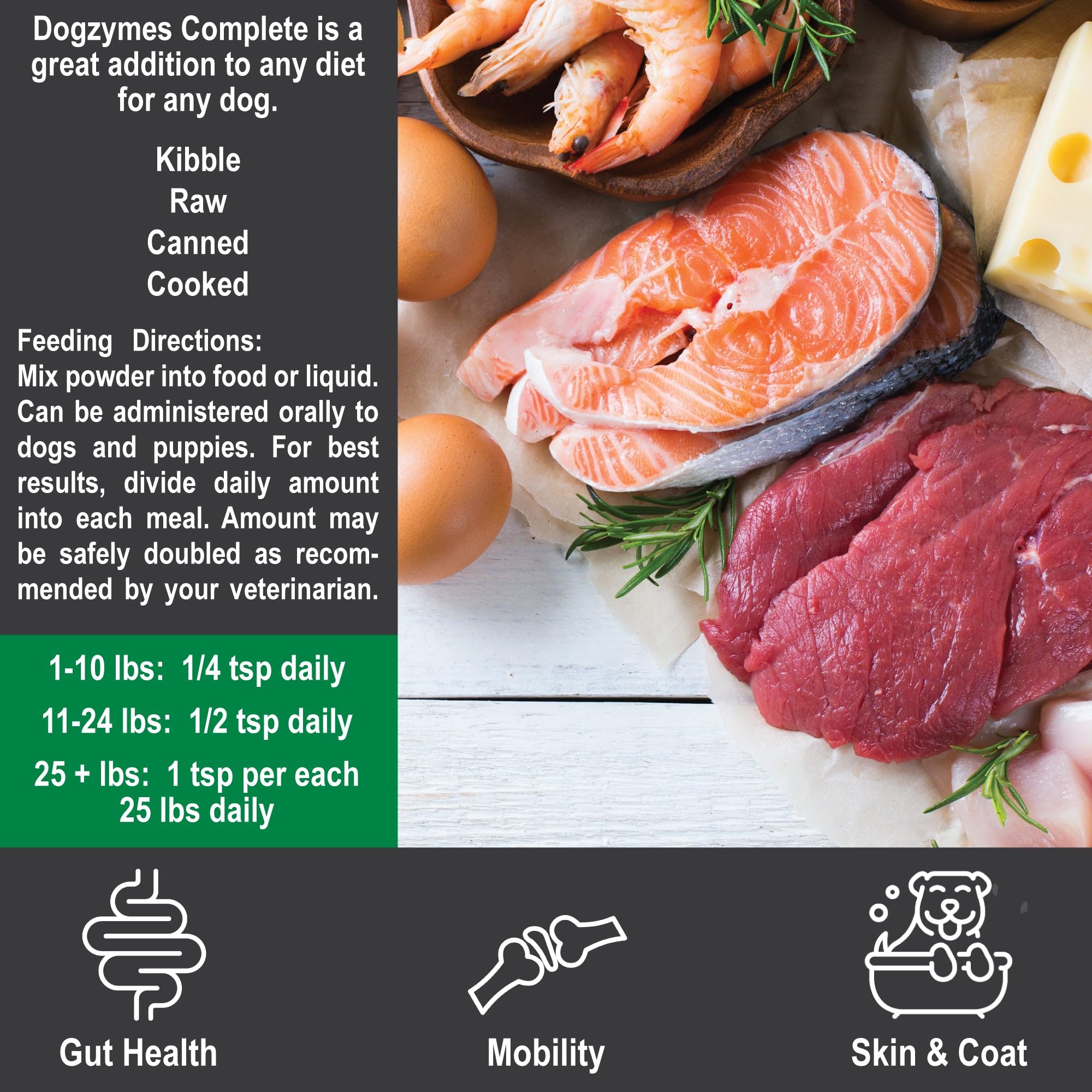 Dogzymes Complete ingredient list highlights vitamins and omegas for vitality.