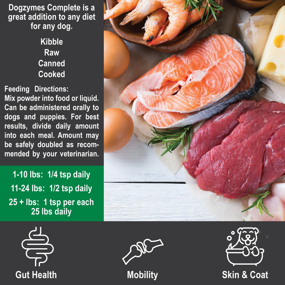 Dogzymes Complete ingredient list highlights vitamins and omegas for vitality.
