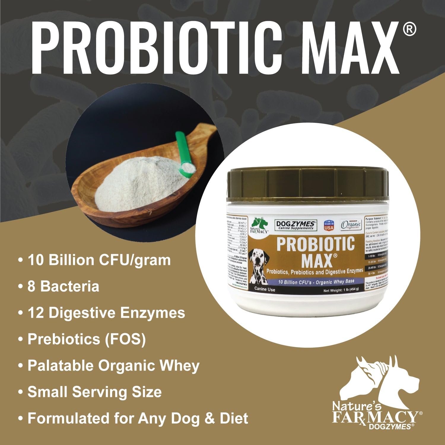Dogzymes Probiotic Max sprinkled on kibble to boost digestion and absorption.