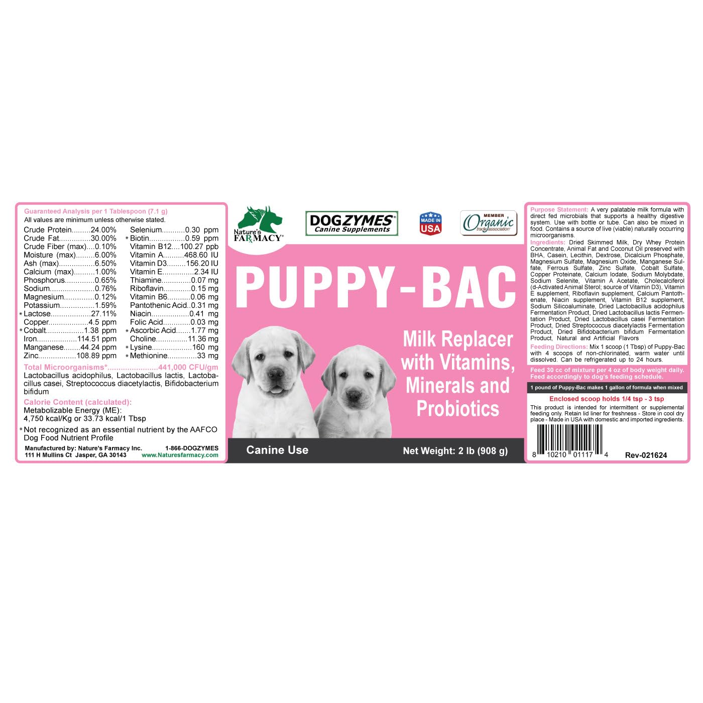 Dogzymes Puppy-Bac label highlights live enzymes and CFU-rich mix for growth