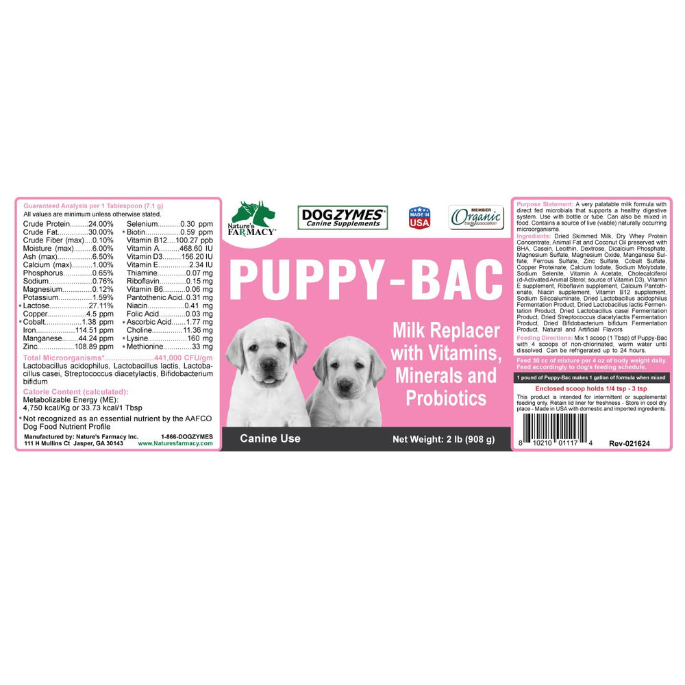 Dogzymes Puppy-Bac label highlights live enzymes and CFU-rich mix for growth