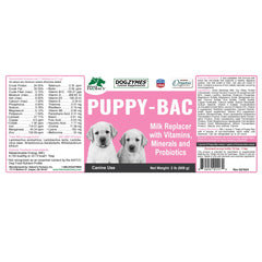 Dogzymes Puppy-Bac label highlights live enzymes and CFU-rich mix for growth