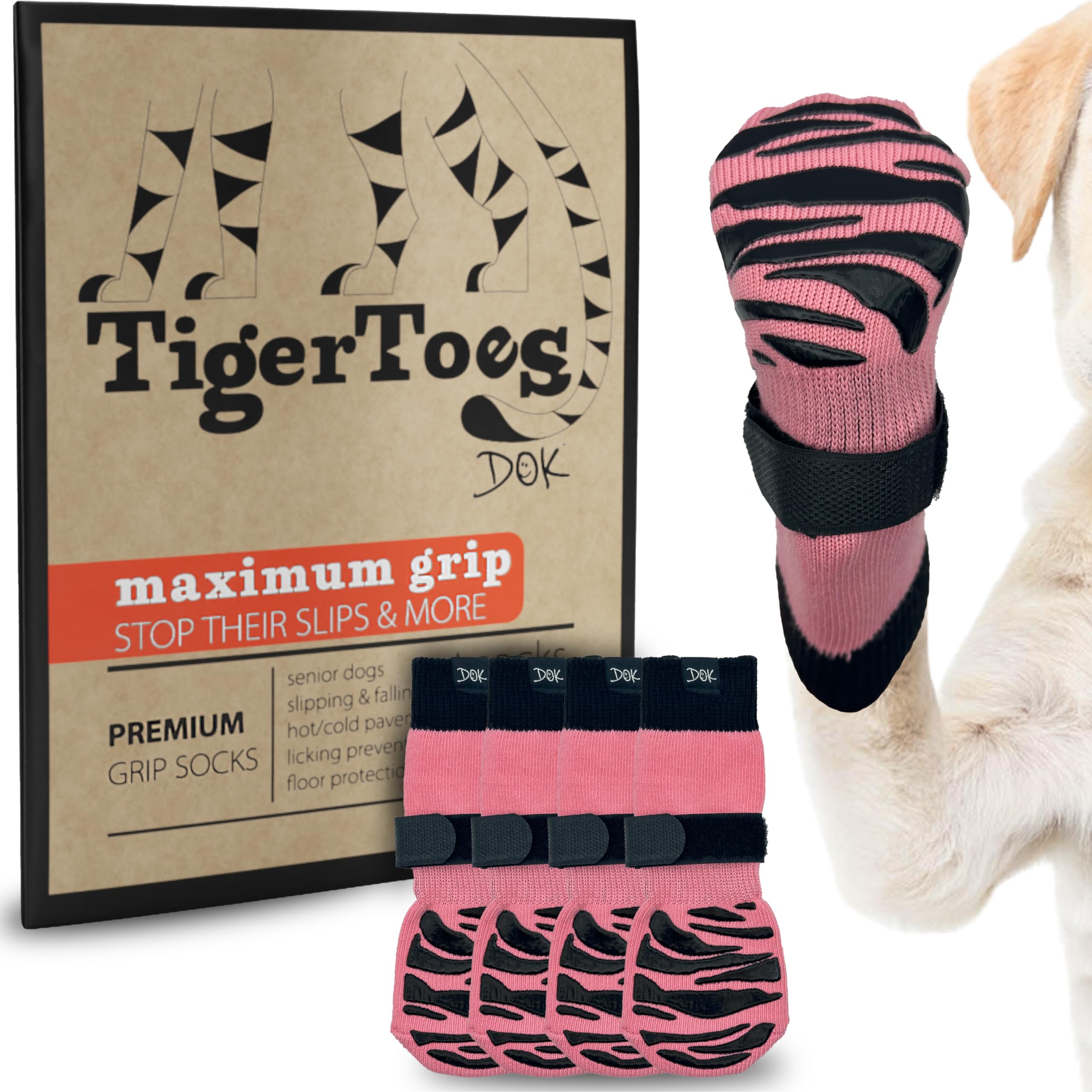 DOK TigerToes premium non-slip socks pack shot highlighting traction on slippery floors.
