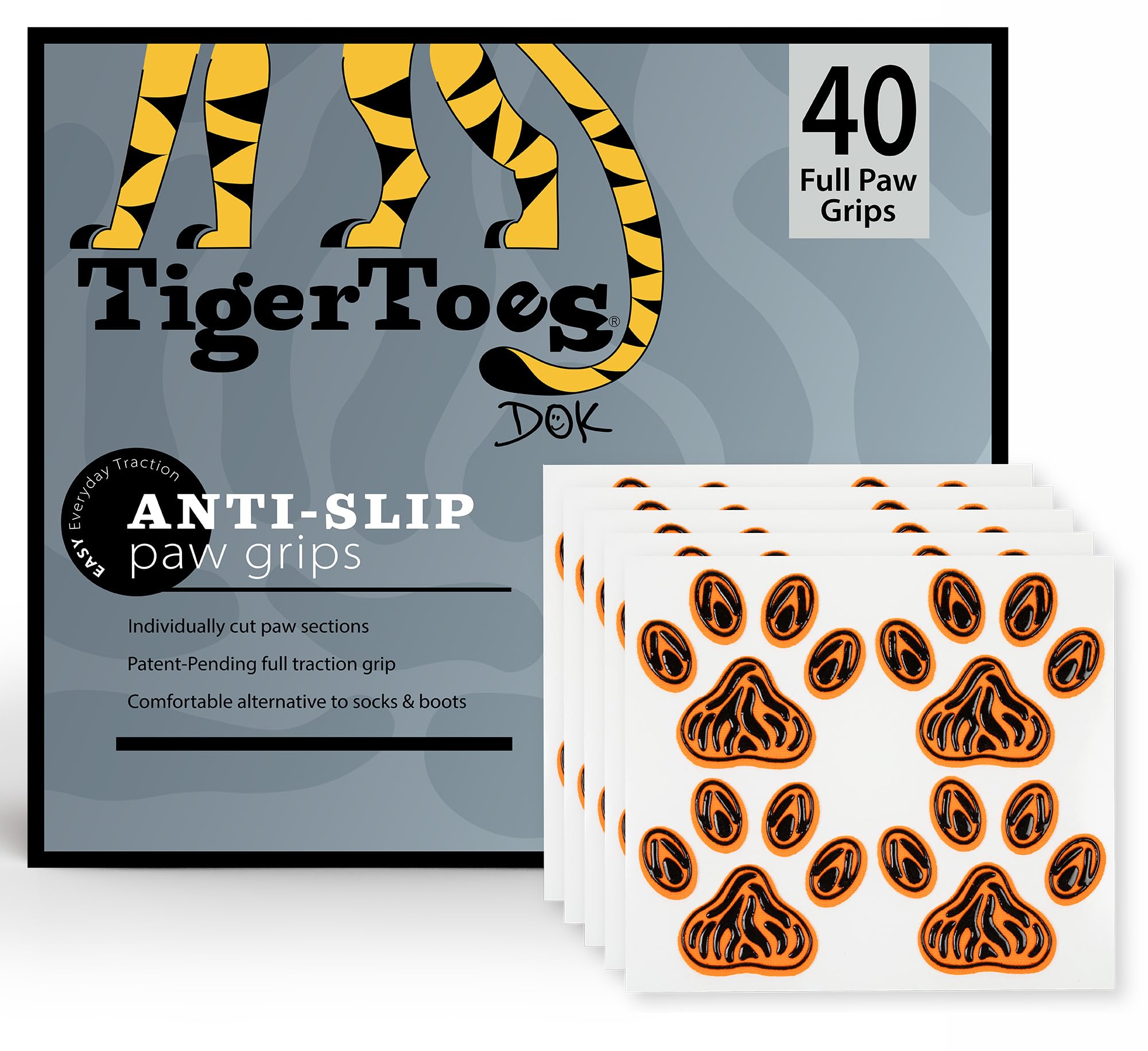 DOK TigerToes paw grips packaging showing ready-to-use senior dog solution.