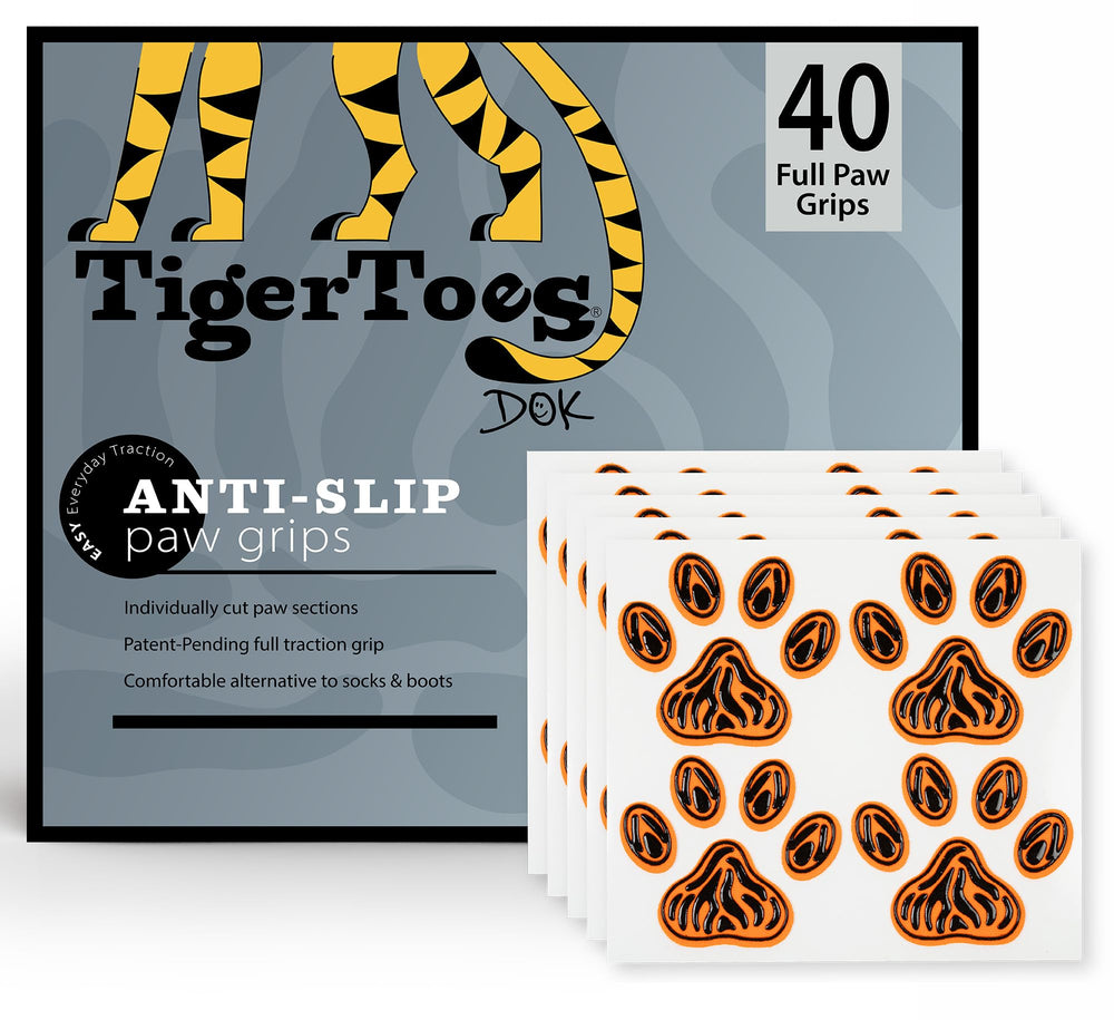 DOK TigerToes paw grips packaging showing ready-to-use senior dog solution.