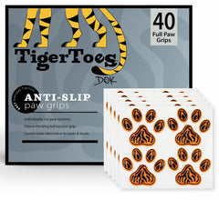 DOK TigerToes paw grips packaging showing ready-to-use senior dog solution.