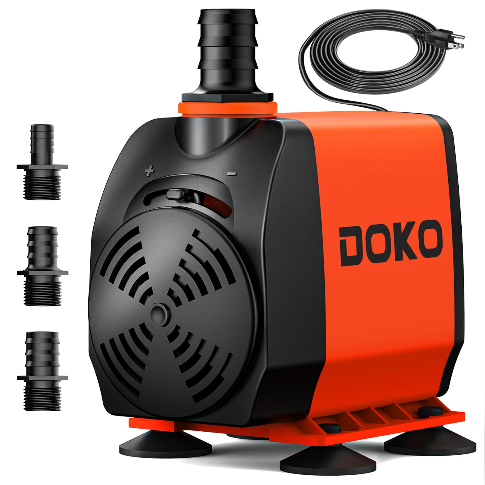 DOKO 1050GPH pump with three nozzle adapters for versatile water delivery