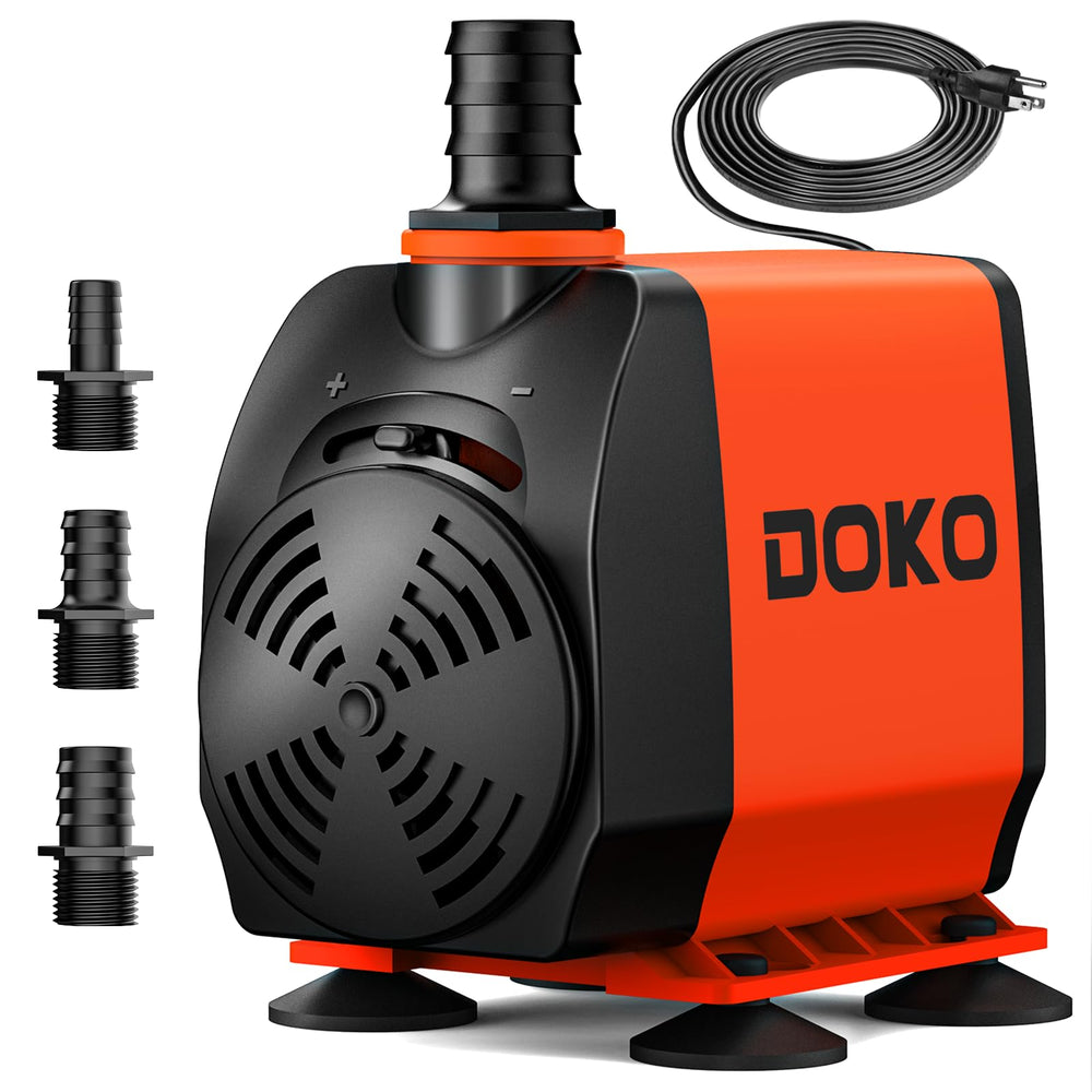 DOKO 800GPH pump front view shows compact design for tight spaces.