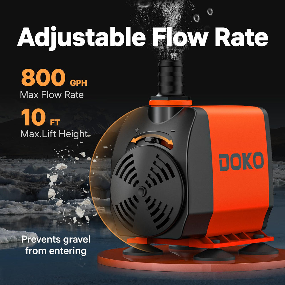 DOKO 800GPH pump side view highlights slim profile for versatile setups.