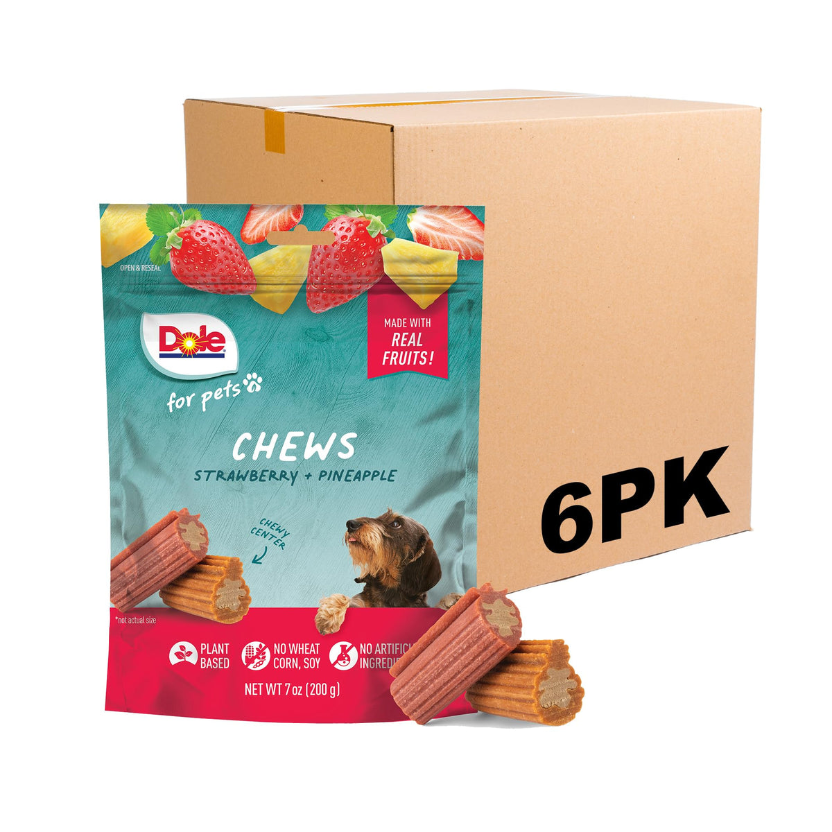 Dole for Pets dog chews with real strawberry and pineapple flavor for tasty rewards.