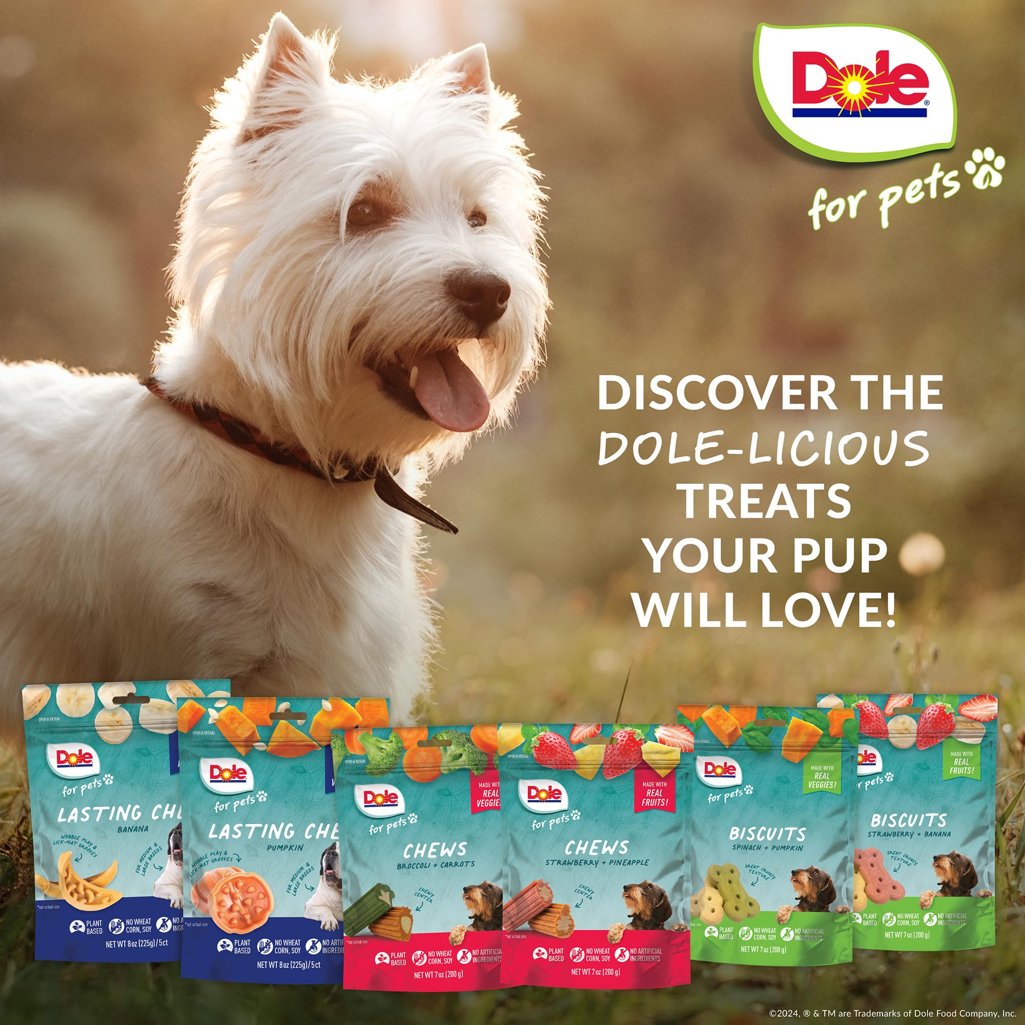 Dole for Pets dog chews ideal as training rewards or everyday treats on walks.