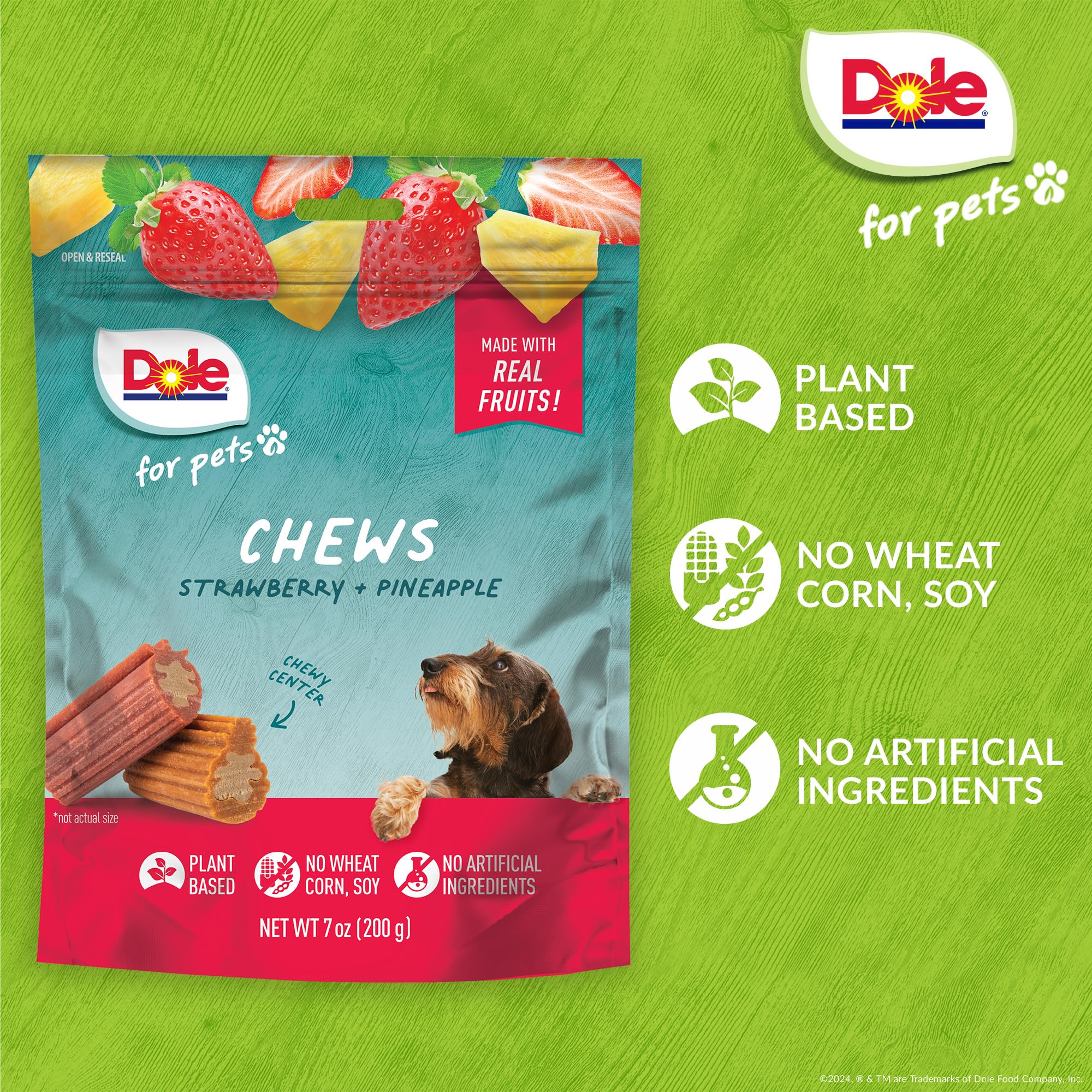 Resealable bag keeps Dole for Pets chews fresh for travel and daily use.