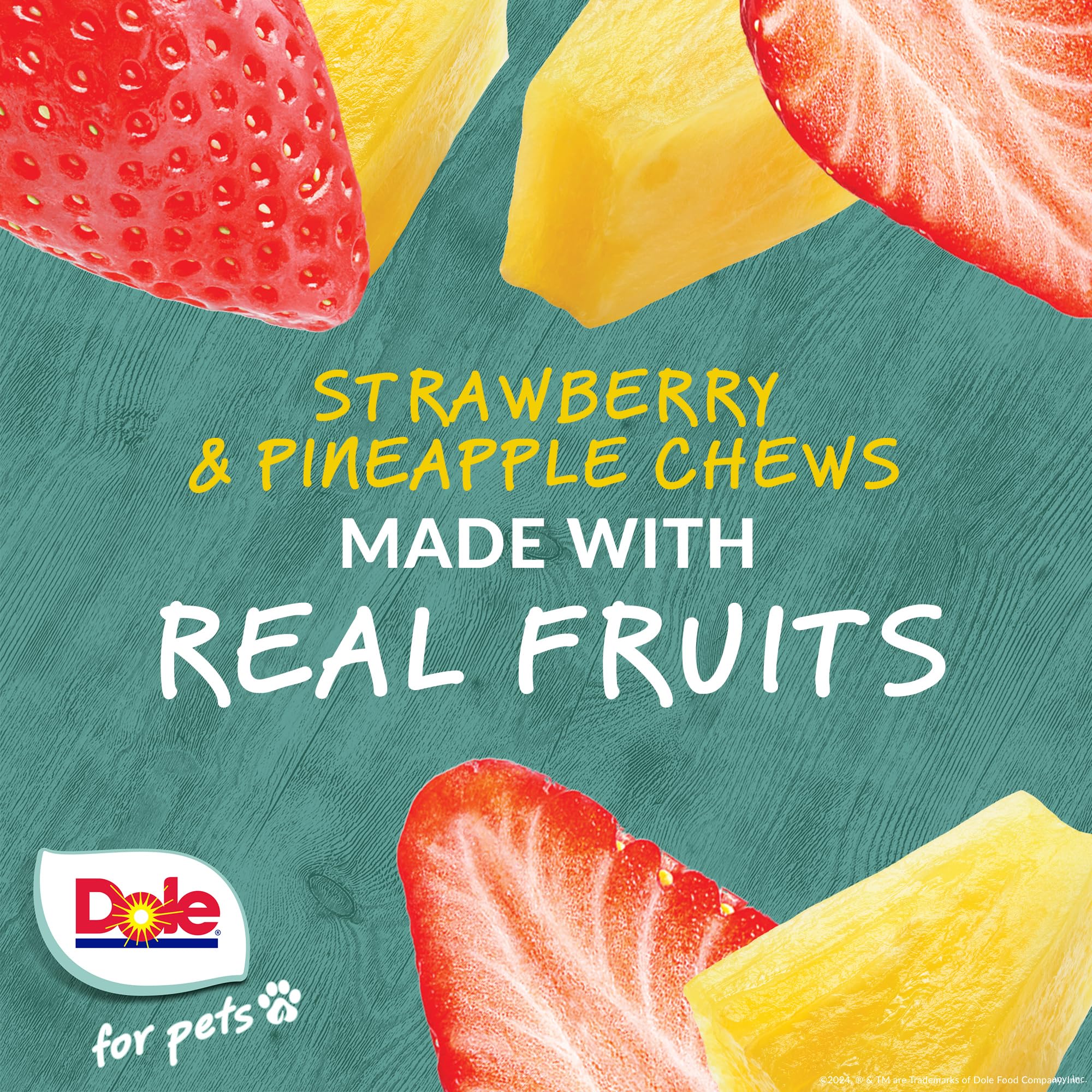 Dole for Pets assorted strawberry and pineapple chews in a resealable bag providing variety.