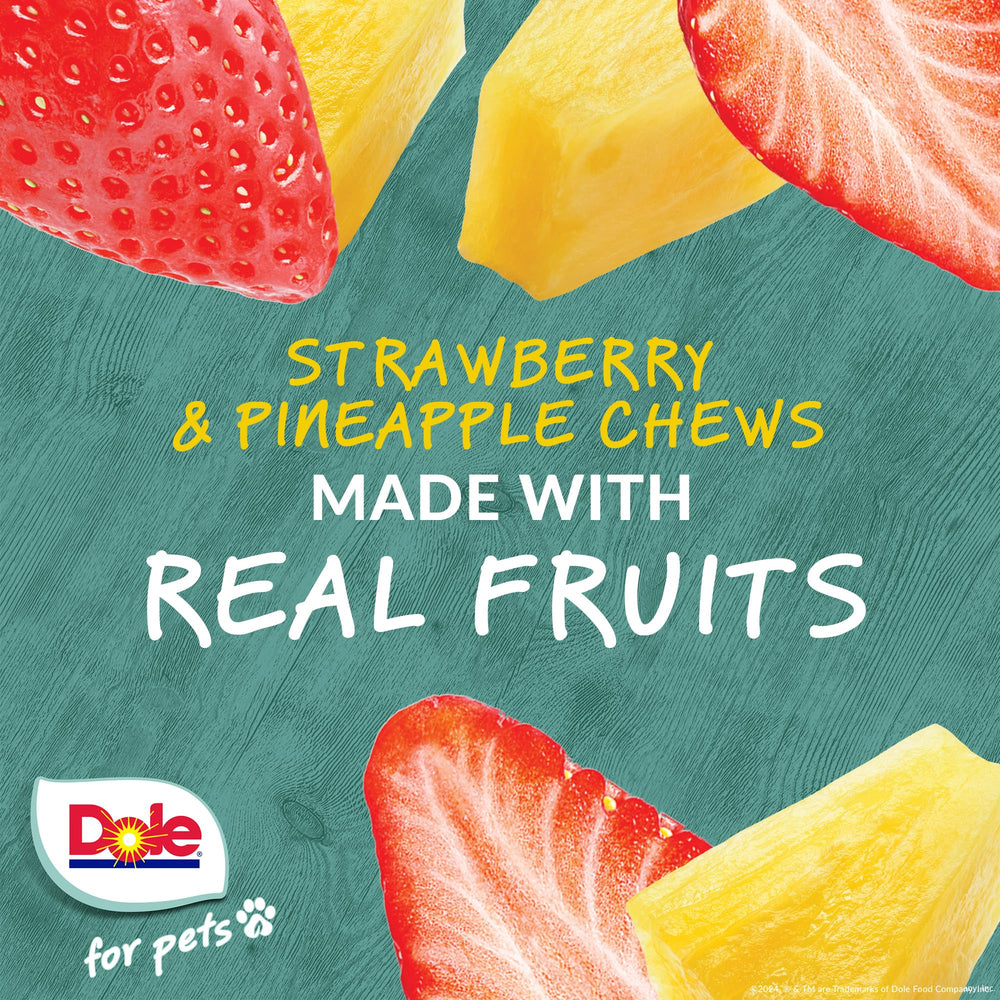 Dole for Pets assorted strawberry and pineapple chews in a resealable bag providing variety.