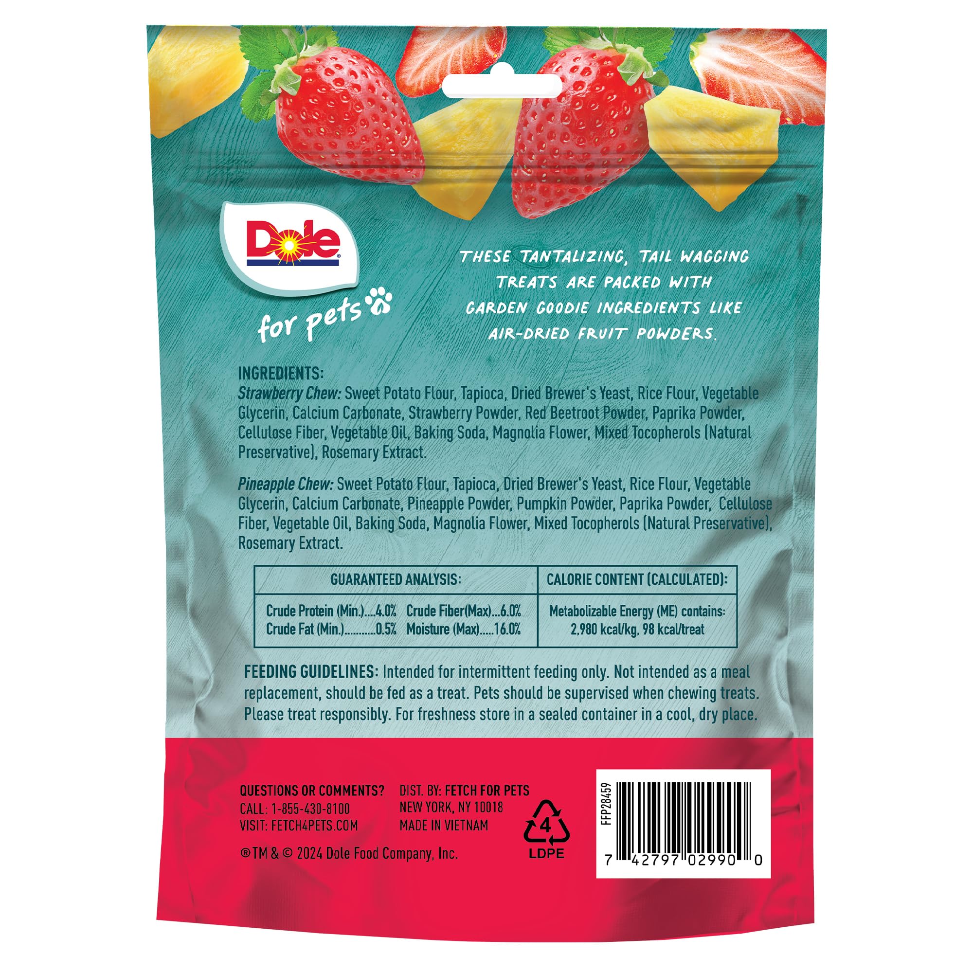 Firm exterior with chewy center in Dole for Pets chews for satisfying chew sessions.