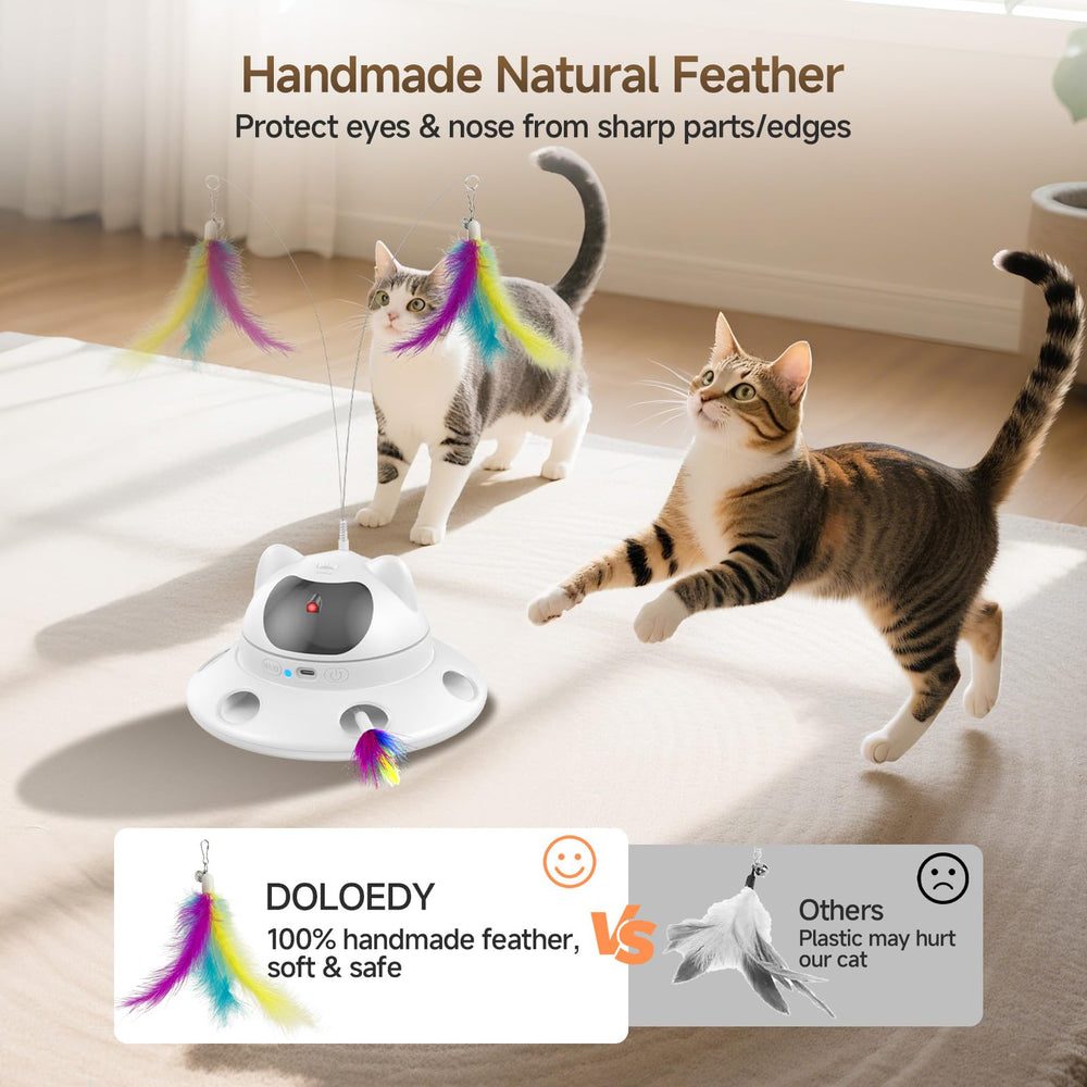 DOLOEDY cat laser toy safe ABS materials and natural feathers.