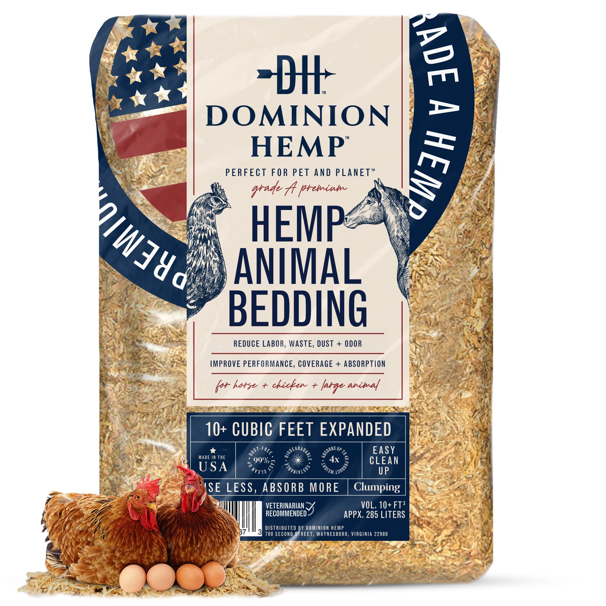 Dominion Hemp Bedding in a chicken coop showing 285L dry nesting area.