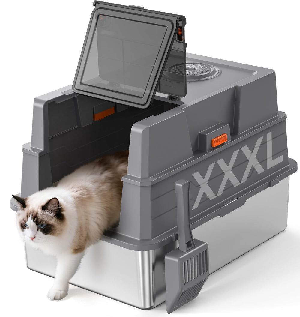 Donlinno XXXL litter box with lid in gray showing privacy enclosure for large cats