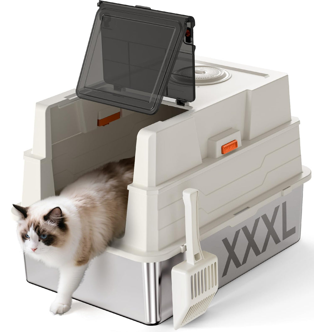 Donlinno XXXL stainless steel litter box with lid offers privacy and odor control.
